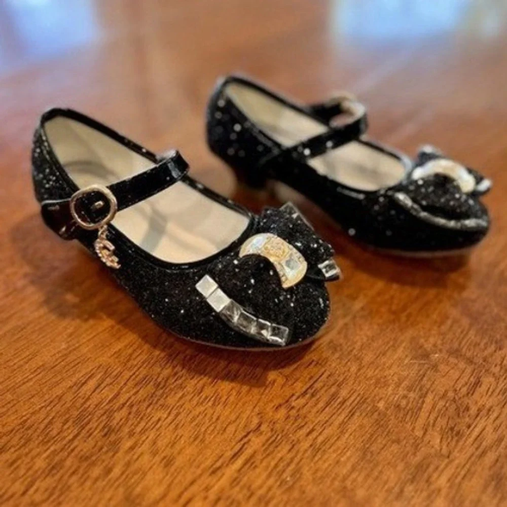 Walofou Glitter Girls Princess Shoes Elegant Sparkly Mary Jane Bow Accent Size 9